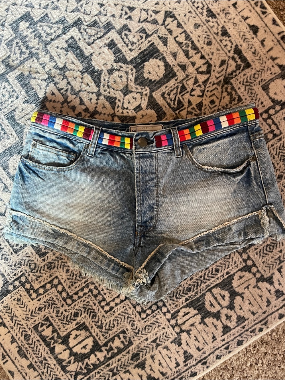 Free People Blue Denim Shorts with Rainbow Waistband